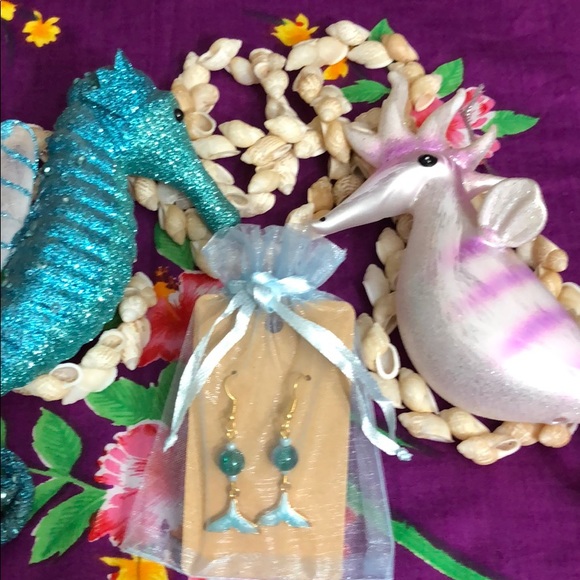 Hand Crafted Jewelry - 🏆Mermaid Tail Dangle Earrings Gold, Blue Beads 2”